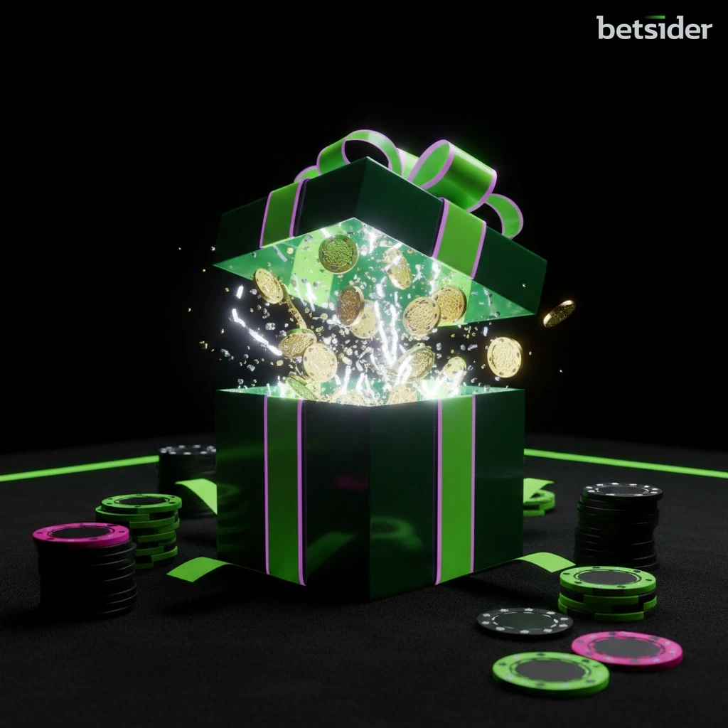 A vibrant graphic showing a gift box opening with coins and casino chips flying out, with text that says 'Welcome Bonus'.