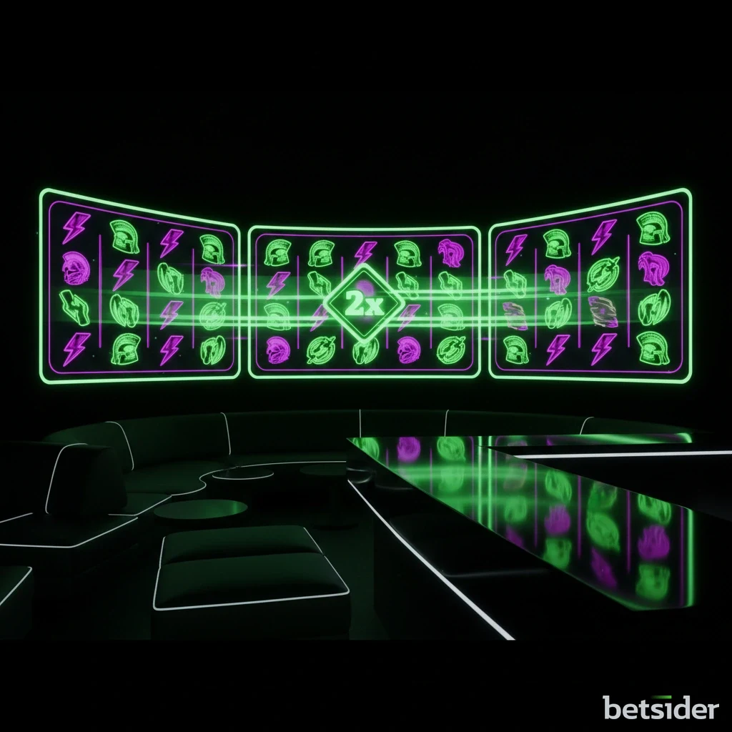 A colourful slot game interface filled with candies, lollipops, and fruit symbols against a fantasy landscape.