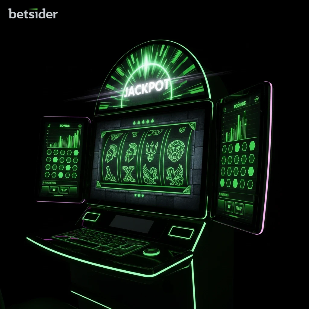 A vibrant screen of a digital slot machine showing colourful winning symbols and lights.