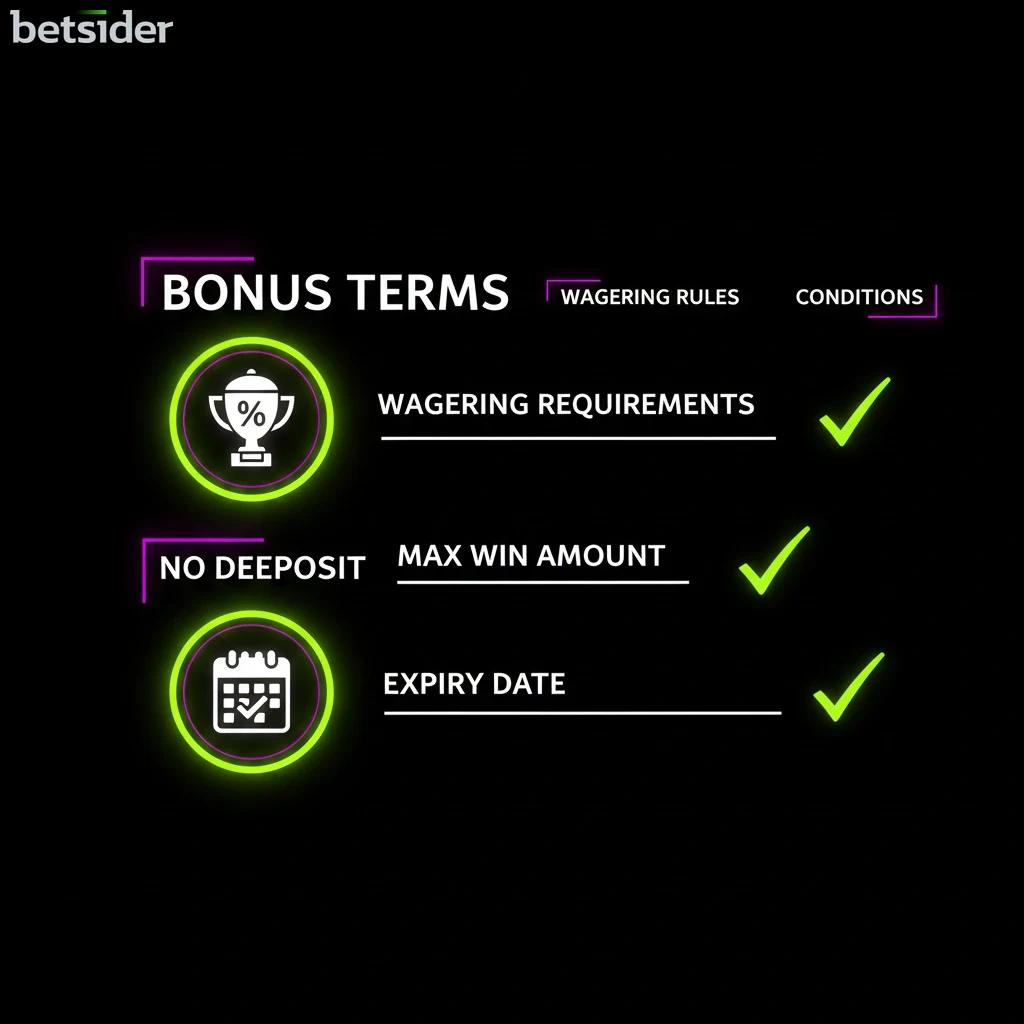 A checklist graphic highlighting bonus terms like wagering, win limits, and expiry dates.