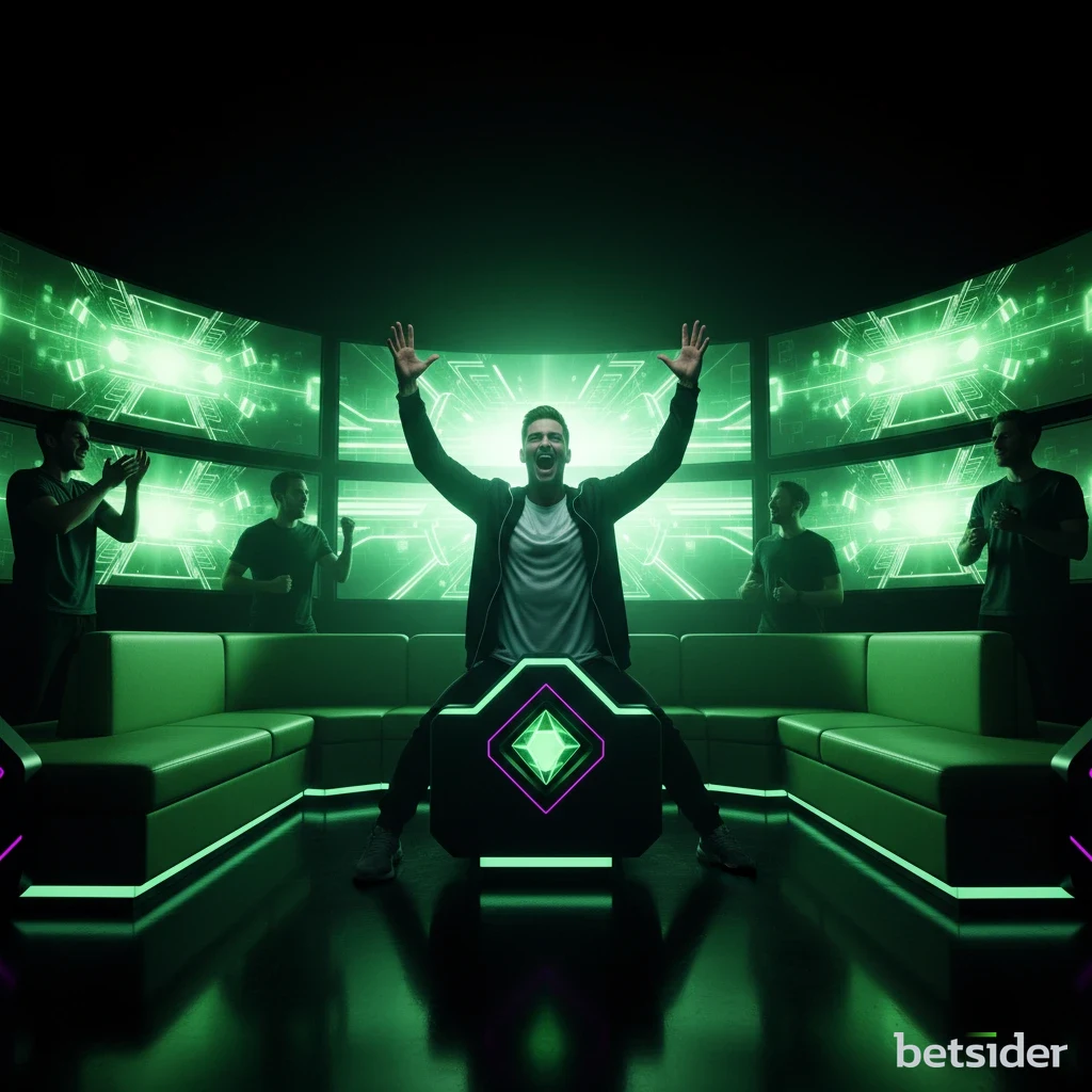 A person holding a smartphone, with the Betsider casino lobby showing a grid of popular online slot game icons.
