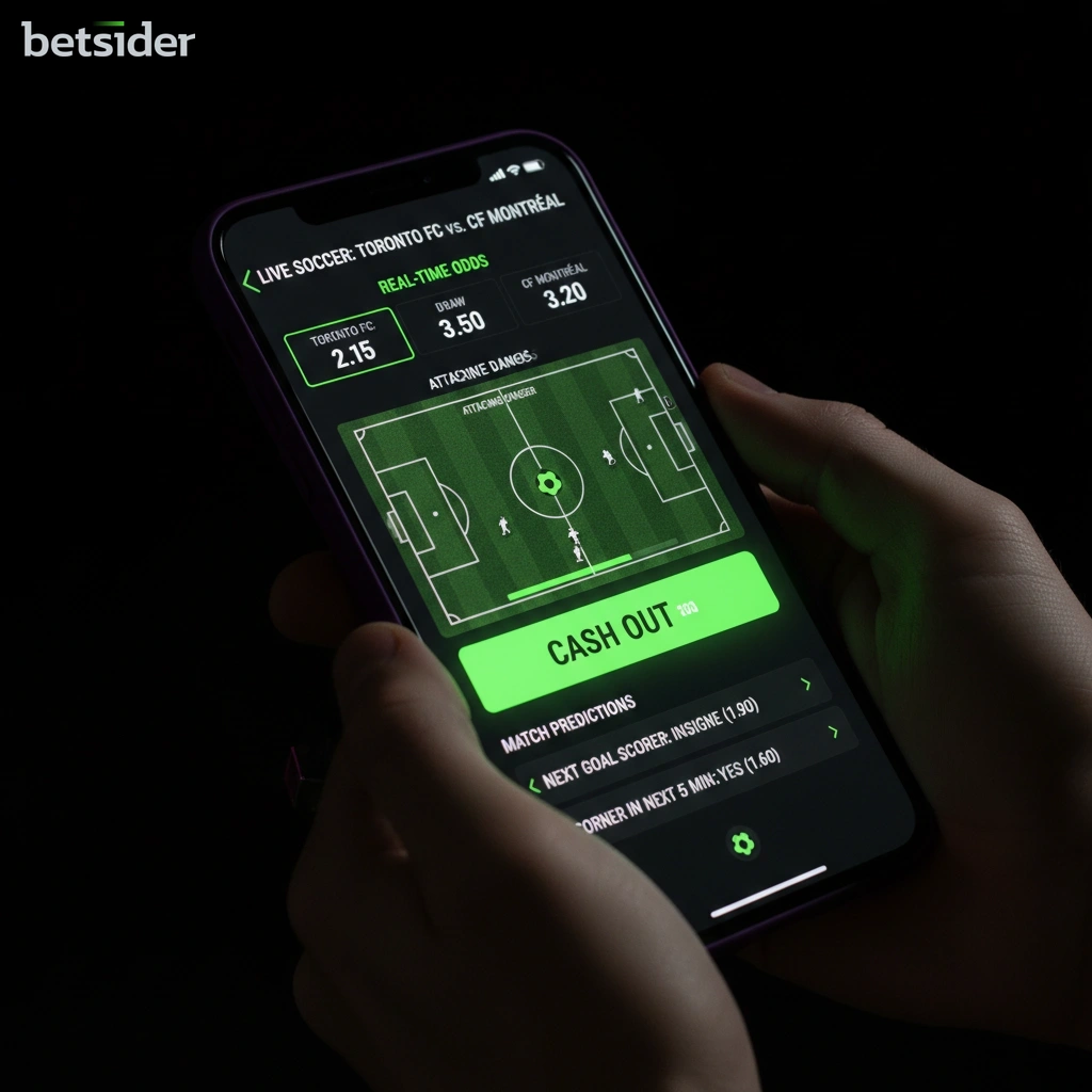 A smartphone displaying the Betsider live betting interface with a cash out option