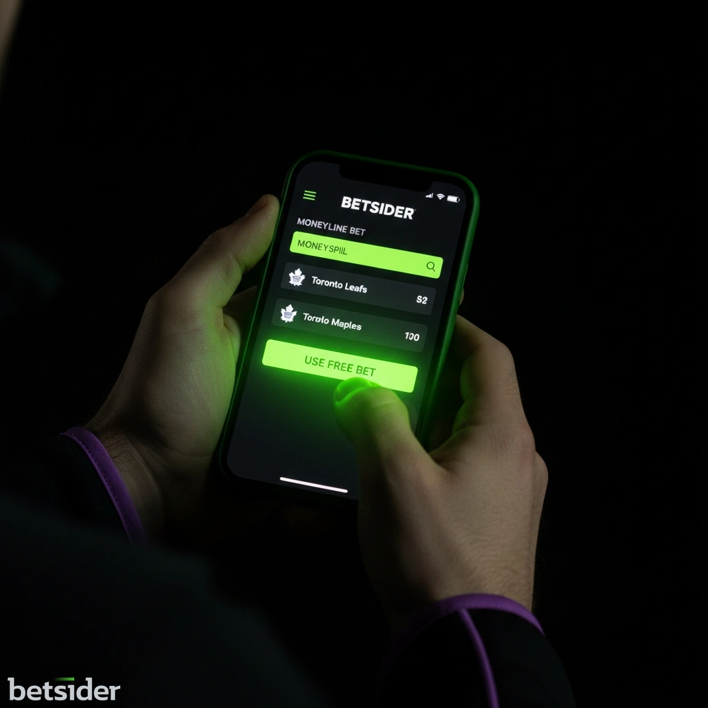 A graphic showing a Betsider free bet token applied to a betslip for an NHL hockey game.